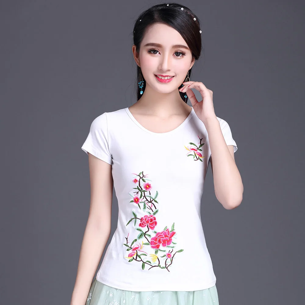 Женская летняя блузка с цветочной вышивкой|Футболки| |