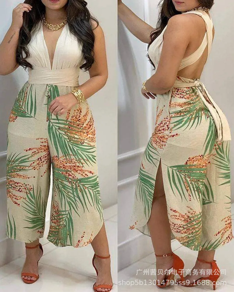 

Donsignet 2021 New Fashion Beige Printing V-Neck Tops Wide Leg Pants Womens Outfits Two Piece Suit for Women