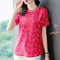 yg brand womens 2021 spring and summer new womens top loose red printed silk short sleeve t shirt