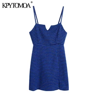 kpytomoa women 2021 fashion tweed front slit hem mini dress vintage backless zipper thin straps female dresses vestidos mujer
