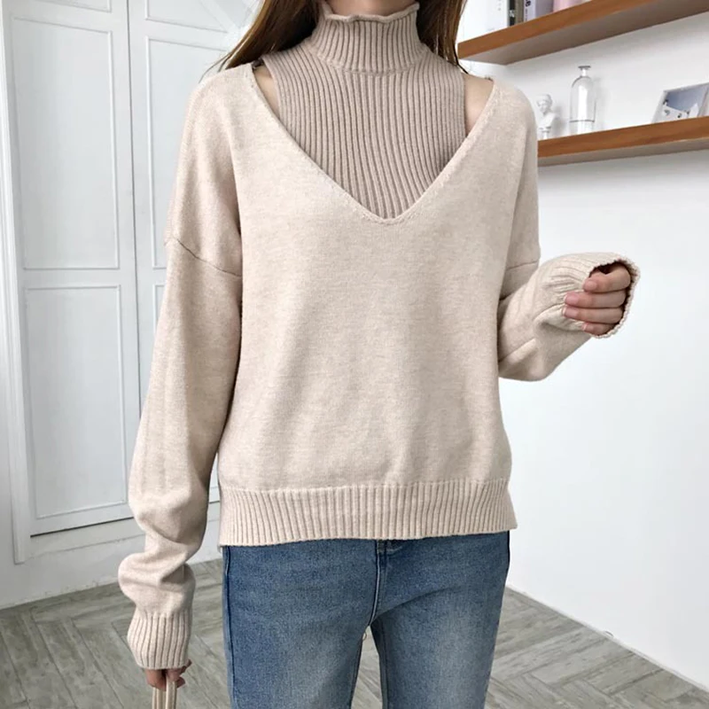 2 шт. свитер с глубоким v-образным вырезом Женский комплект весна-осень однотонный