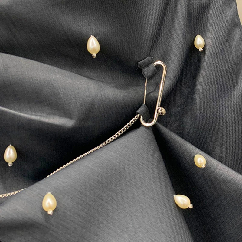 

2021 Summer Woman Black Skirt Chain Pearl Design Skirts Female Irregular High-waisted Thin Temperament Women Skirt 6.2