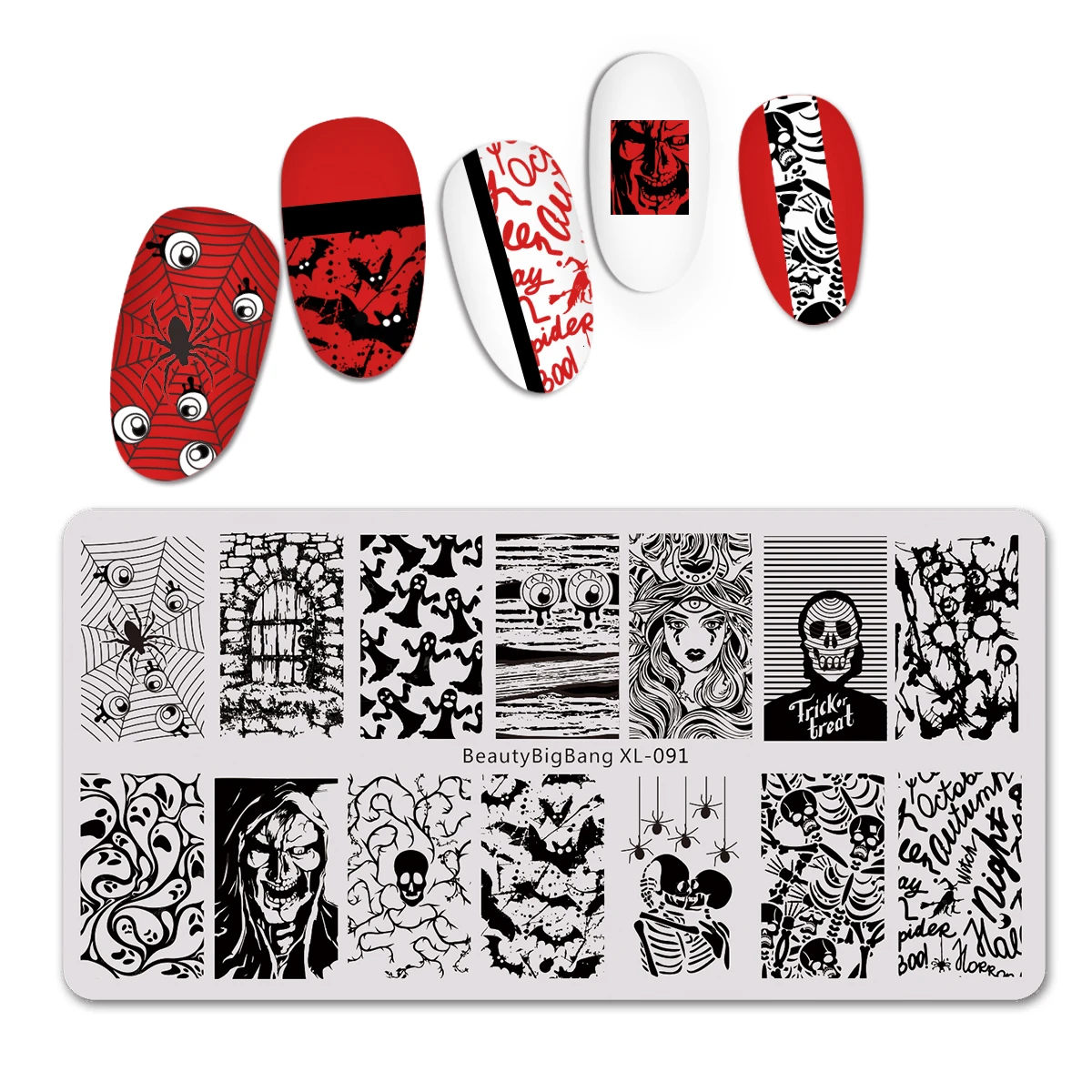 

Beautybigbang новые пластины для стемпинга дизайн ногтей Хэллоуин Забавный Призрак Череп ведьма изображение штампованные ногтевые пластины шабл...