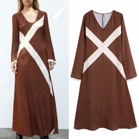 za 2021 striped dress women brown long dress woman autumn vintage print long sleeve midi elegant casual womens dresses