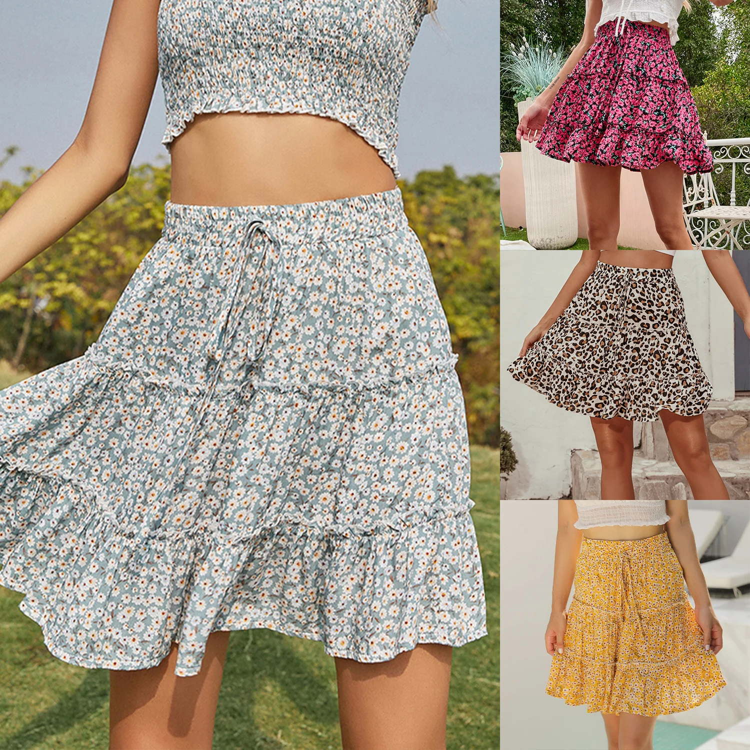 

2021 Express Women's High Waist Ruffle Floral Skirt Printed Beach A-line Skirt