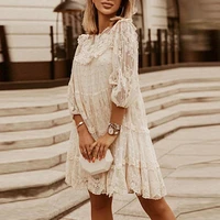 summer spring solid 34 sleeve embroidery dress lace mesh mini dresses women fashion o neck elegant party ruffle loose vestidos