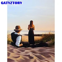 gatyztory oil painting sandy beach couples drawing on canvas handpainted art gift diy pictures by number sunset kits home decor