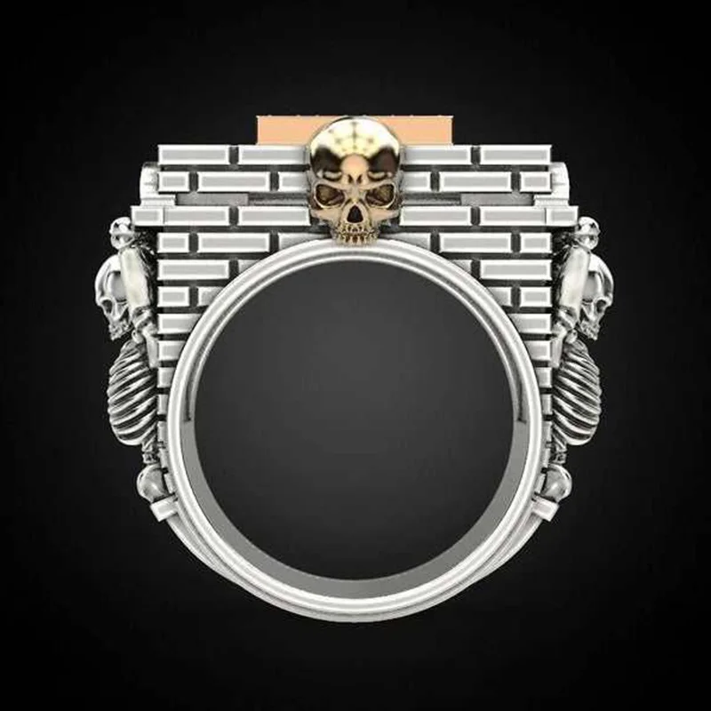 Gothic gold silver color skull ring men square cubic zircon two-tone skeleton wall biker rings for women punk rock jewelry | Украшения и