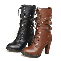 women mid calf leather rivet boots chunky high heel winter sexy platform lace up motorcycle boots