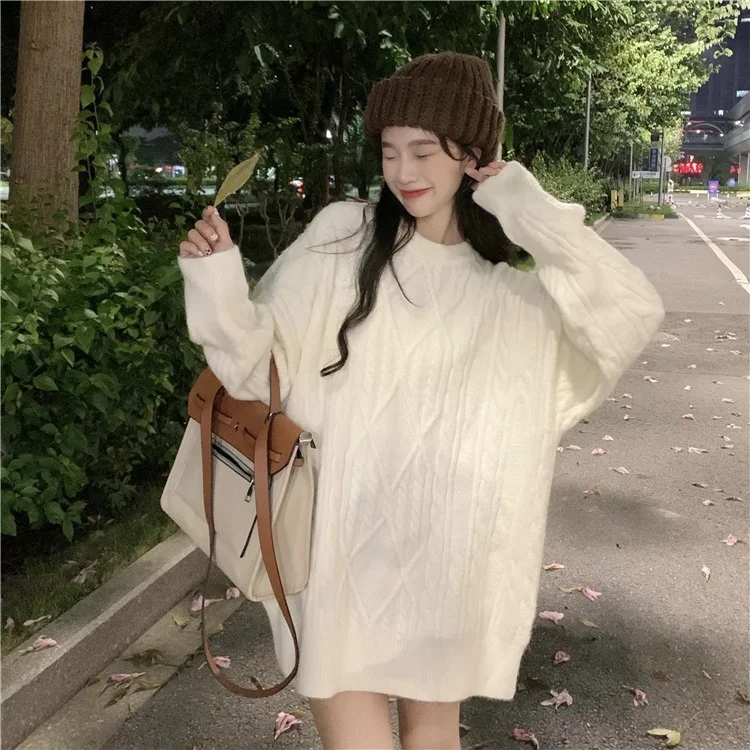 

Soft Waxy Twist Sweater 2021 Autumn Winter Gentle Wind Lazy Loose Round Neck Long Sleeve Knitted Top Female X236