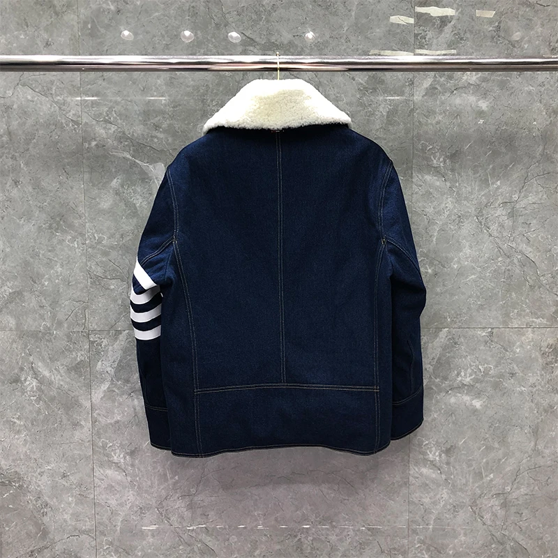 TB THOM Coats Winter Men's Jackets Fashion Brand Denim Down Jackets Warm Thicken Down Fleece Fur Collar 4-Bar Down Coats