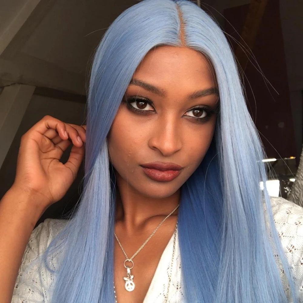 

Silky Straight Light Blue Lace Front Wig for Women Synthetic Fiber Blue Hair 13x3 Front Lace Wigs