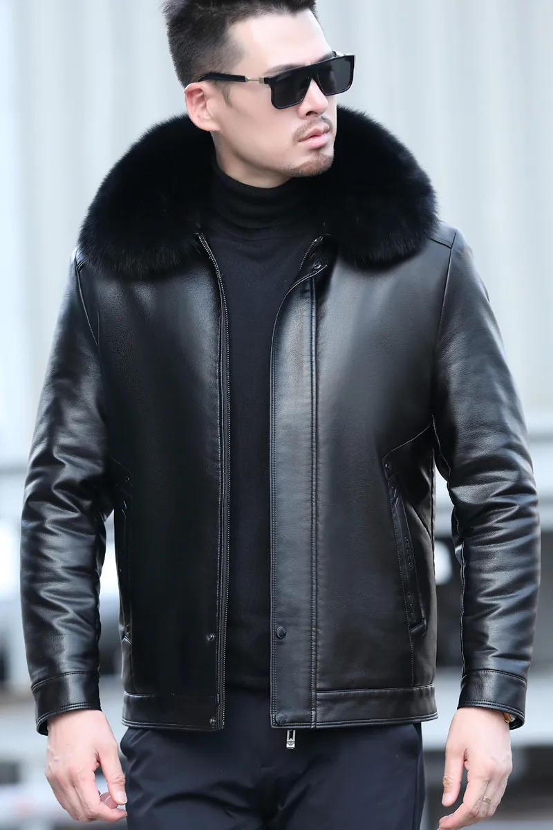 Winter New Men's Fashion Lapel Jacket White Duck Down Thickening Short PU Jacket Collar Removable M-4XL