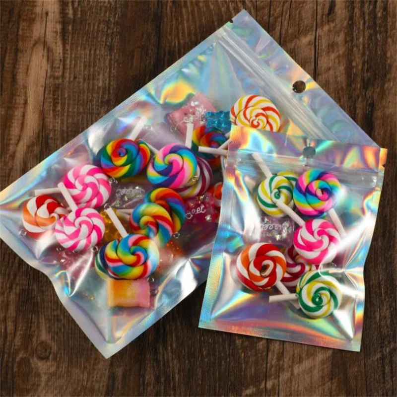 10Pcs 7.5x10/8.5x13/10x15mm Iridescent Holographic Plastic Opp Bag Pouch For Wrapping Favor Jewelry Packaging Business Wholesale - купить по