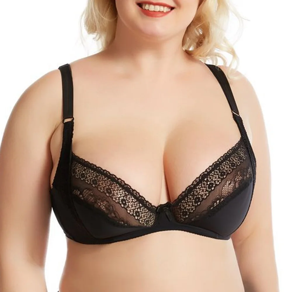 Черный женский тонкий кружевной бюстгальтер регулируемый с полной чашкой нижнее