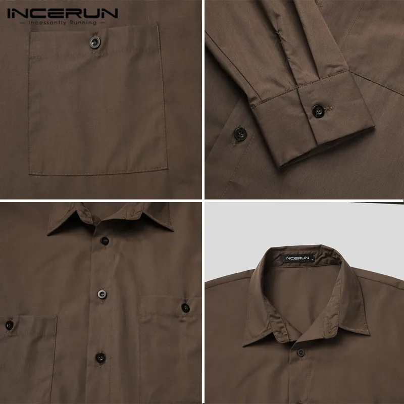 

Men Shirt 2021 Turn Down Collar Loose Button Long Sleeve Blouse Casual Tops Pockets Streetwear Solid Color Camisa S-5XL INCERUN