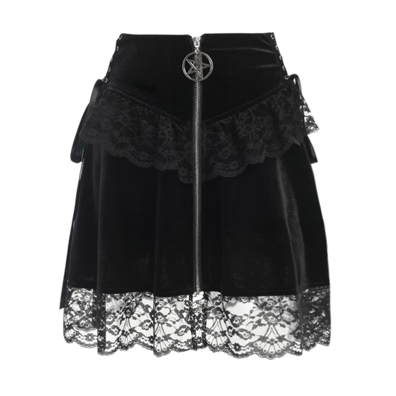 

Black A-Line Slim Mini Short Skirts High Waist Pleated Lace Skirt Women Streetwear Clubwear T8NB