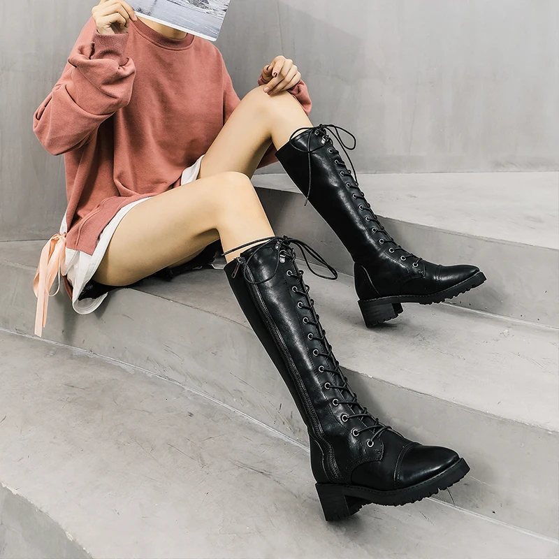 

women Boots long Boots shoes fashion British style Lace-up Comfortable Round toe zipper Ladies boots