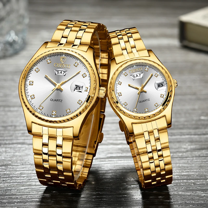 CHENXI New Couple Watches For Lovers Luxury Brand Stainless Steel Golden Watch Men & Women Date Week Quartz Lover Watches 2022