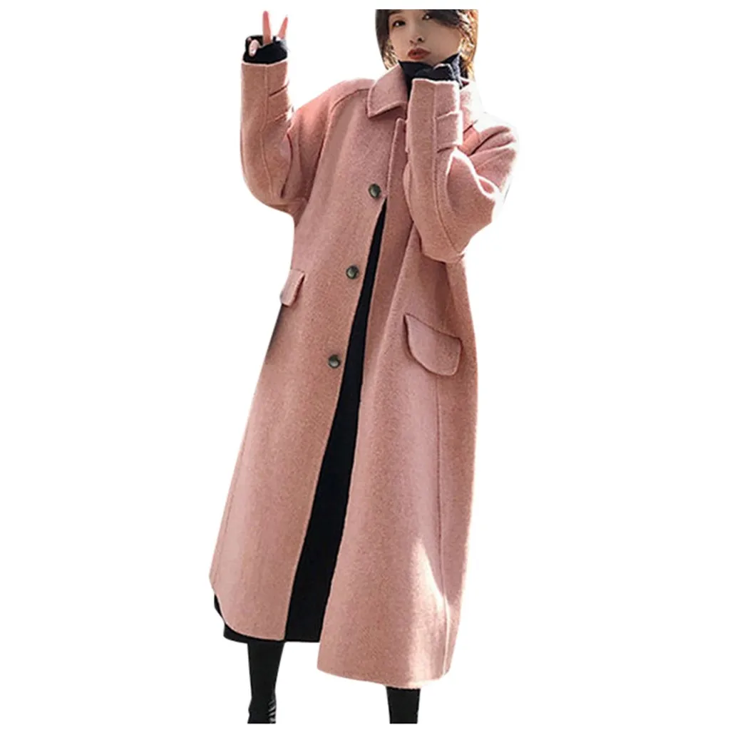 Women Work Solid Vintage Winter Office Long Sleeve Button Woolen Jacket Coat