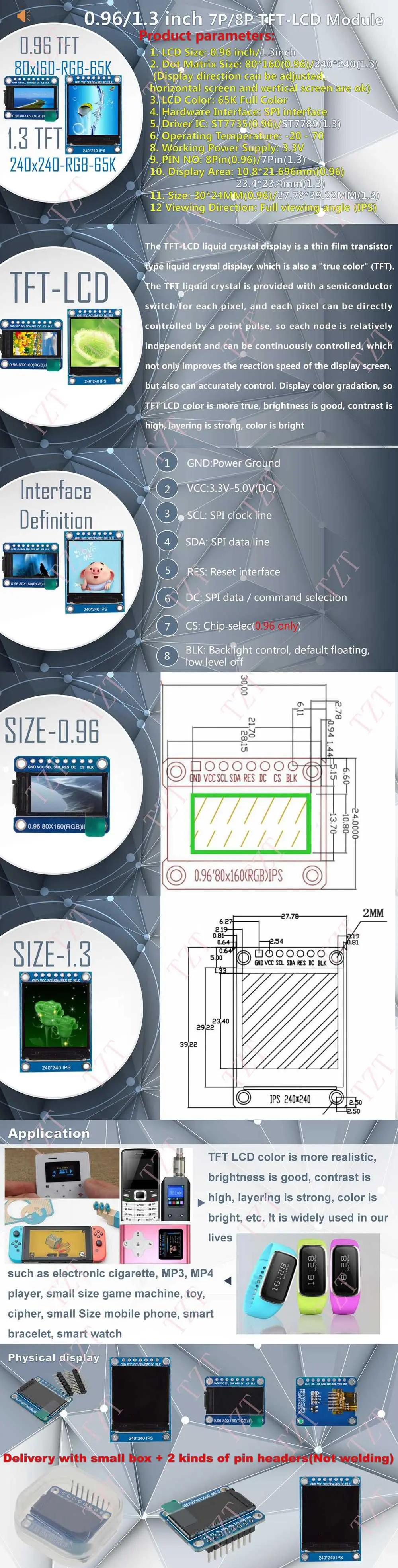 TFT дисплей 0,96/1,3 дюймов ips 7P SPI HD 65K полноцветный ЖК-модуль ST7735 Привод IC 80*160(не OLED) для Arduino