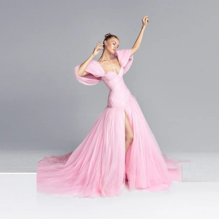 

Женское вечернее платье с пышными рукавами, розовое Пышное Платье с высоким разрезом, индивидуальный пошив