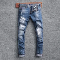 street style fashion men jeans retro blue elastic slim fit destroyed ripped jeans men patchwork vintage designer denim pants