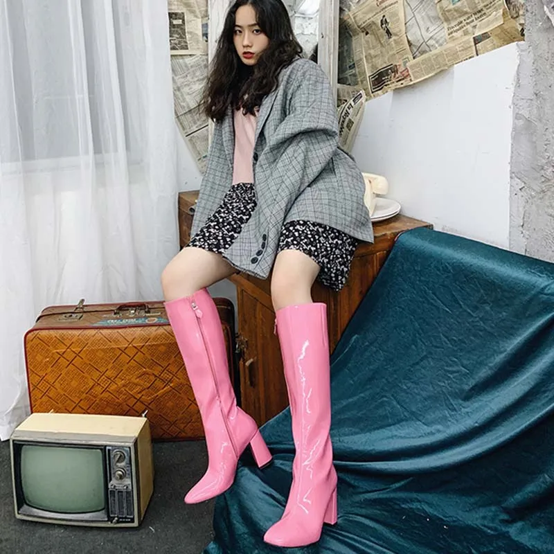 Pink Knee High Boots Women Pointed Toe High Heel Boots Woman Fashion Party Shoes