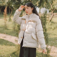 winter fashion women cotton warm thicken clothes horn button wool collar wide waisted parka coat and jackets beige sweet