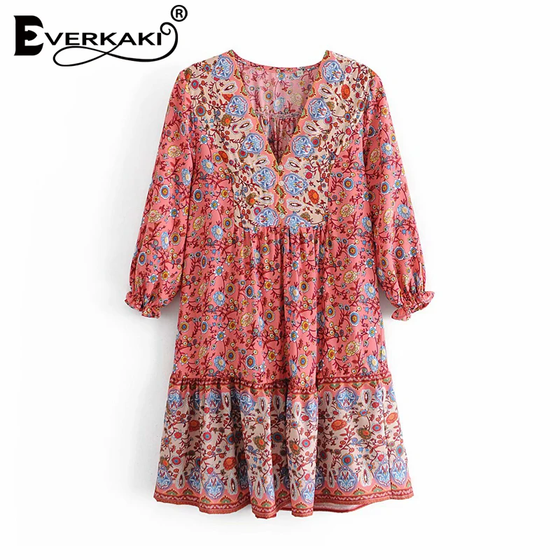 

Everkaki Mini Dress Vestidos Boho Summer Beach V Neck Floral Print Ladies Long Sleeve Plus Dresses Loose mujer Female 2021 New