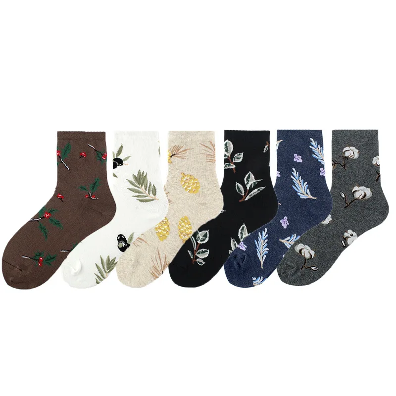 

Socks Women Autumn Winter Ethnic Style Literature Art Middle Tube Kawaii Breathable Retro Cartoon Leaf Casual Tide Female Sock