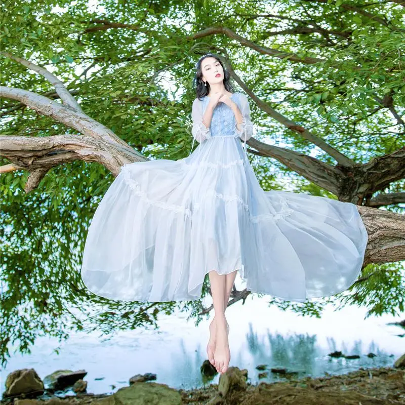 

High-End Lace Embroidered Maxi Dress Mesh Stitching Big Swing Chiffon Dress Ruffle Sleeve Princess Vacation Fairy Dress Spring