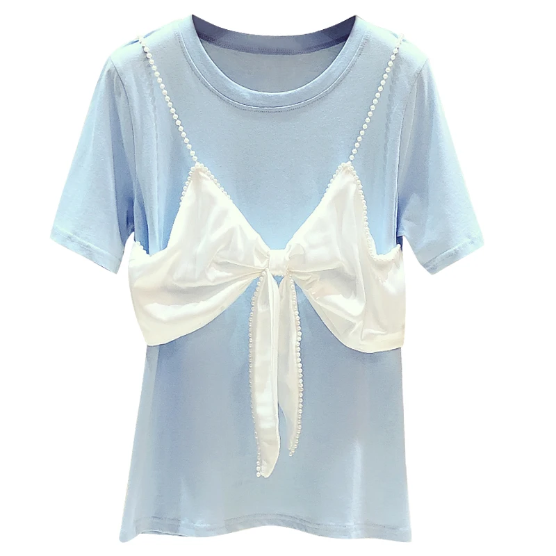 

Blue Tshirt Women 2021 Summer New Korean Style Beaded Sling Stitching Round Neck Short Sleeve T-shirts Female Casual Loose Tops