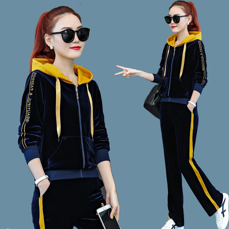 Женский спортивный костюм бархатный свободный на молнии куртка с капюшоном и