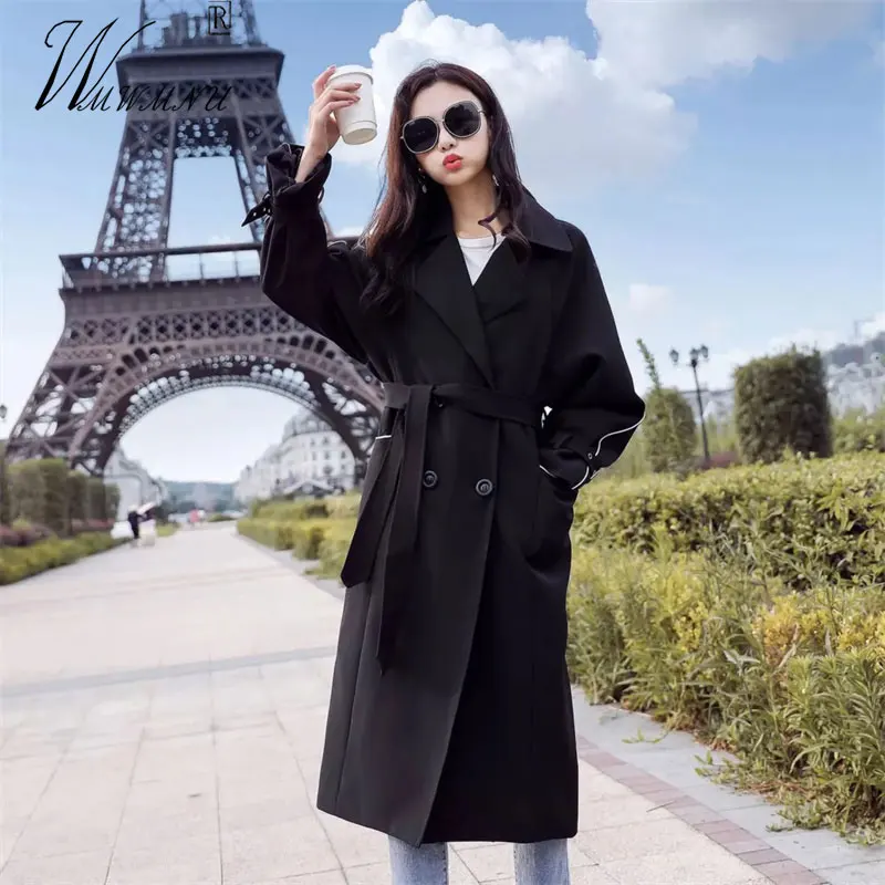 

Elegant Fashion Black Sashes Trench Coat Women Korean Style Casual Loose Jacket Chic Designer Office Double Breasted Windbreaker