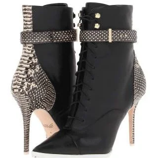 

Serpentine Heels Patchwork Booties Leather Splicing Buckle Front Lace 2022 Newest High Heel Pumps Thin Heels Designer For Women