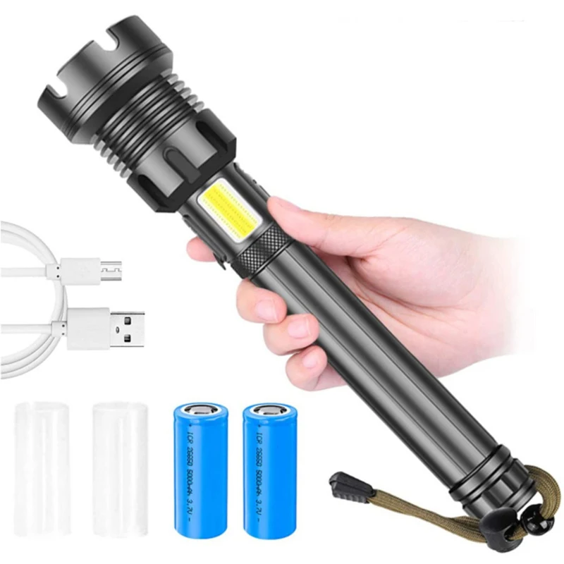 

Powerful Torch Light XHP90 Long Distance LED Flashlight Tactical White with Red Light 7 Modes USB Rechargeable Lantern