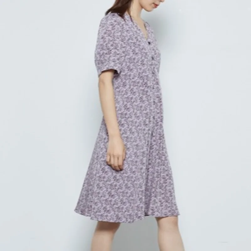 

V-neck Drawstring High Waist Femme Robe Vintage Print Elegant Women Dresses Loose Casual New Puff Sleeve Vestidos 2021 summer