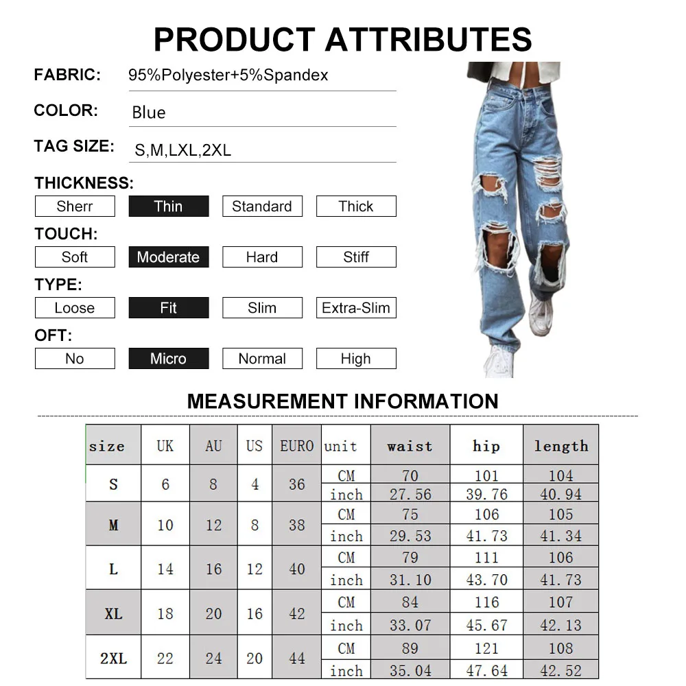 Womens Ripped Loose Fit Jeans Wide Leg For Women High Waist Blue Wash Casual Cotton Denim Trousers Summer Baggy Jean Pants 6281