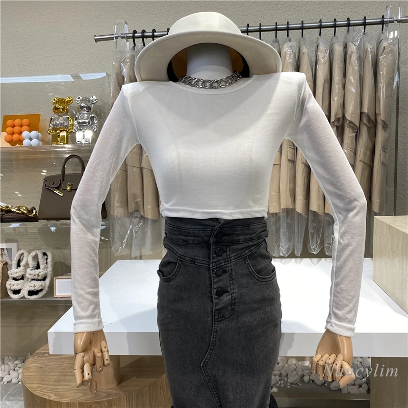 

Candy-Colored Back Hollow-out T Shirt Women Sexy See-through Bottoming Top Slim Fit Girls Ladies Tees Two-Piece