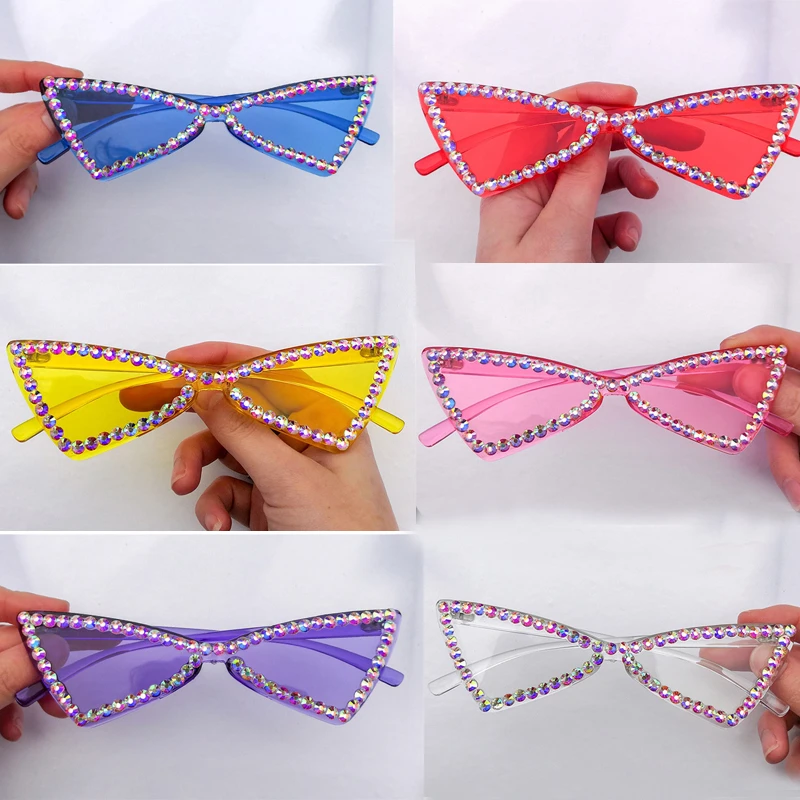 

Wholesale Chic Triangle Full Crystal Shiny Sunglasses For Women Candy Color Cat Eye Rhinestones Sun Glasses Female Party Shades