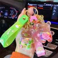 creative new liquid oil chubby bear quicksand keychain cute floating colorful balloons keyring girl bag pendant gifts key chain