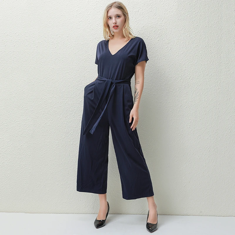 

2020 Fashion Short Sleeve Wide Leg Loose Jumpsuit Women V Neck Rompers Summer Casual Solid Color Bodysuit Sexy Full Length