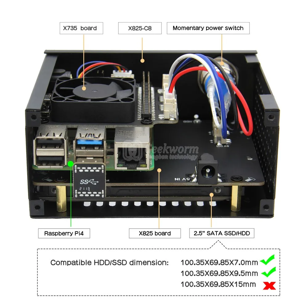 Чехол Geekworm Raspberry Pi X825-C8 (X825 V2.0) + выключатель питания охлаждающий вентилятор