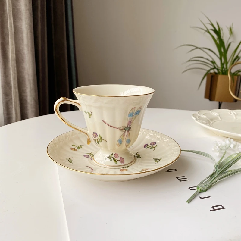

Retro cream color dragonfly butterfly bee flower gold embossed ceramic coffee cup saucer afternoon tea cup coffee cups