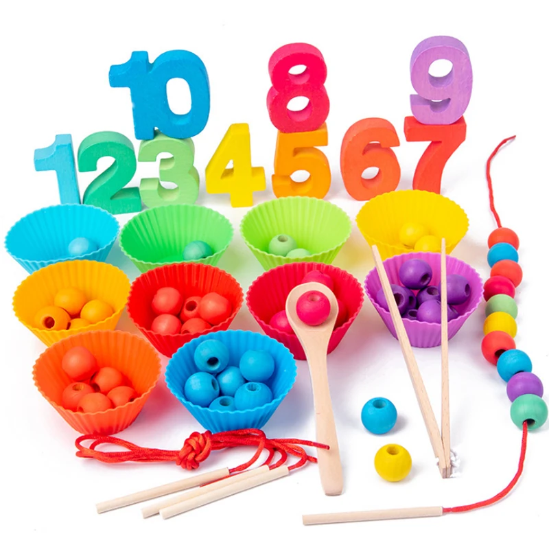 

Montessori Toys for Toddlers 4 in 1 Wood Rainbow Clip Beads color Number cognition Dice Colors Sorting Counting Fine Motor Skill