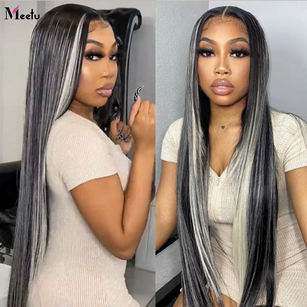 

Meetu Gray Highlight Wig Human Hair Frontal Wigs Transparent Lace Straight Lace Front Wig 13x4 Lace Frontal Wig 4x4 Closure Wig