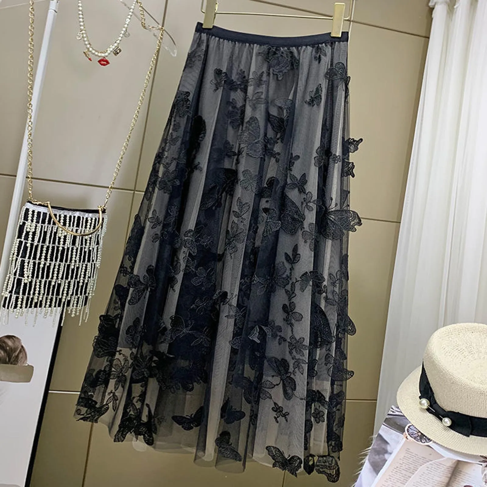 

JAYCOSIN Women Spring Summer Butterfly Printing Elastic High Waist Ankle Length Woman Skirts Long Mesh Skirt Summer Pleate Skirt