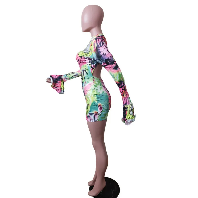 

Women Crew Neck Backless Jumpsuit Slim Floral Printed Long Sleeve Bodycon Jumpsuits Sexy & Club Jumpsuits Flare Sleeve Bodysuit