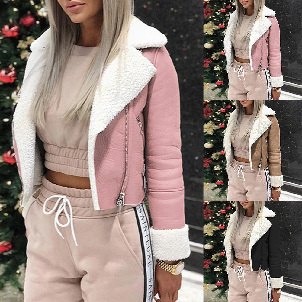 

Fashion Lapel Suede Leather Buckle Cool Pilot Jacket Faux Lamb Wool Motorcycle Jackets Outwear 2021 Autumn Women Coat Jackets